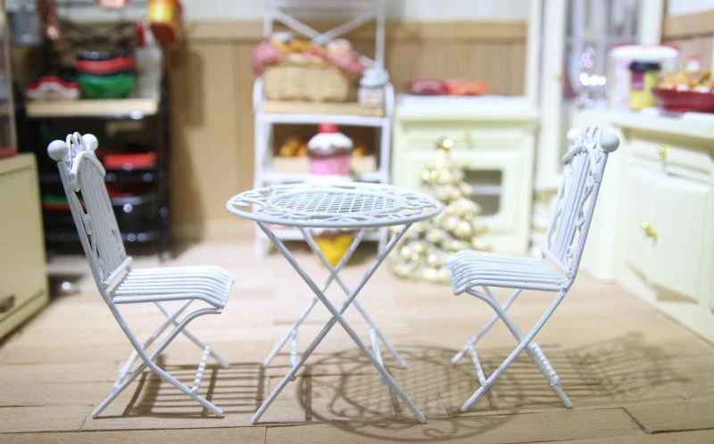 G10-X008 children baby gift Toy 1:12 Dollhouse mini Furniture Miniature rement accessories iron white table chair 3pcs/set