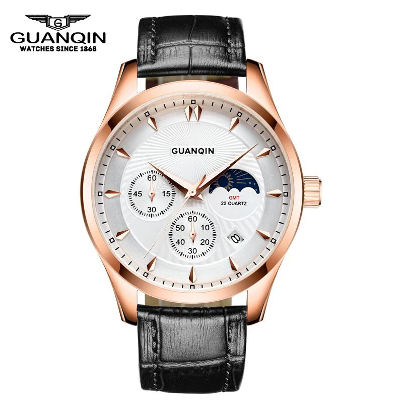 

GUANQIN GQ80069 Moon phase GMT New Brand Men Quartz Watch Fashion Moon Phase Luminous Waterproof Resistant Sport Leather