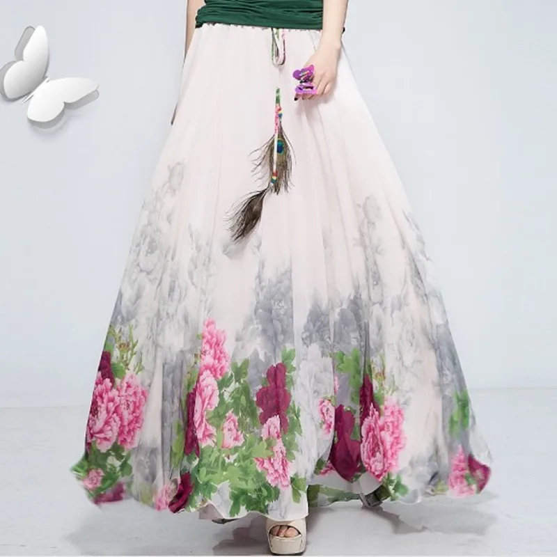Vrouwen-Nieuwe-Mode-Zomer-Strand-Rok-Elastische-Taille-Pauwenveer-Riem-Chiffon-Bohemen-Lange-Rok-Rokken-Vrouwen