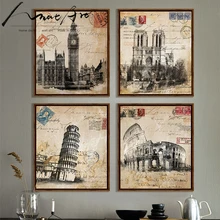 Póster vintage retro Londres Italia Roma Big Ben Notre Dame Catedral 4 piezas lienzos de pintura impresos imágenes para sala de estar