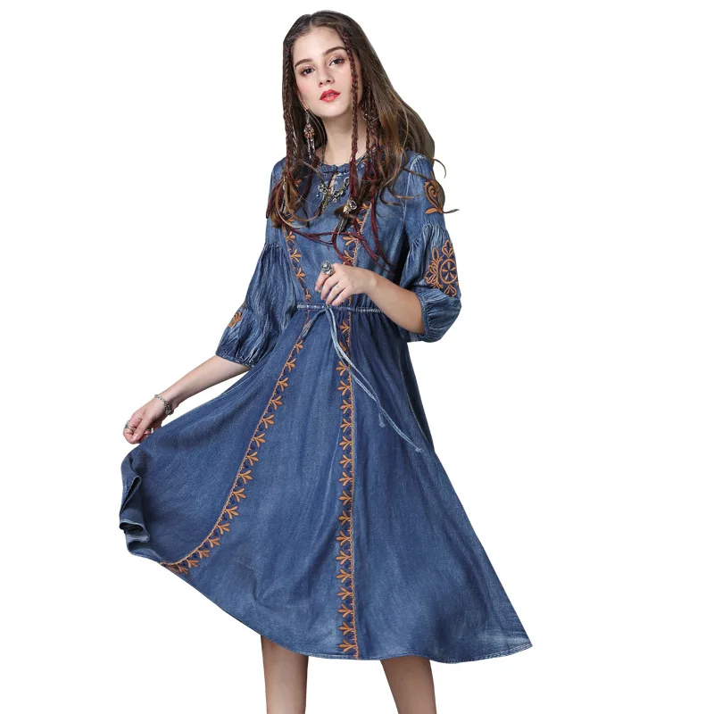 

New women dress plus size vintage boho Dress delicate embroidery denim dress ethnic style drawstring dresses