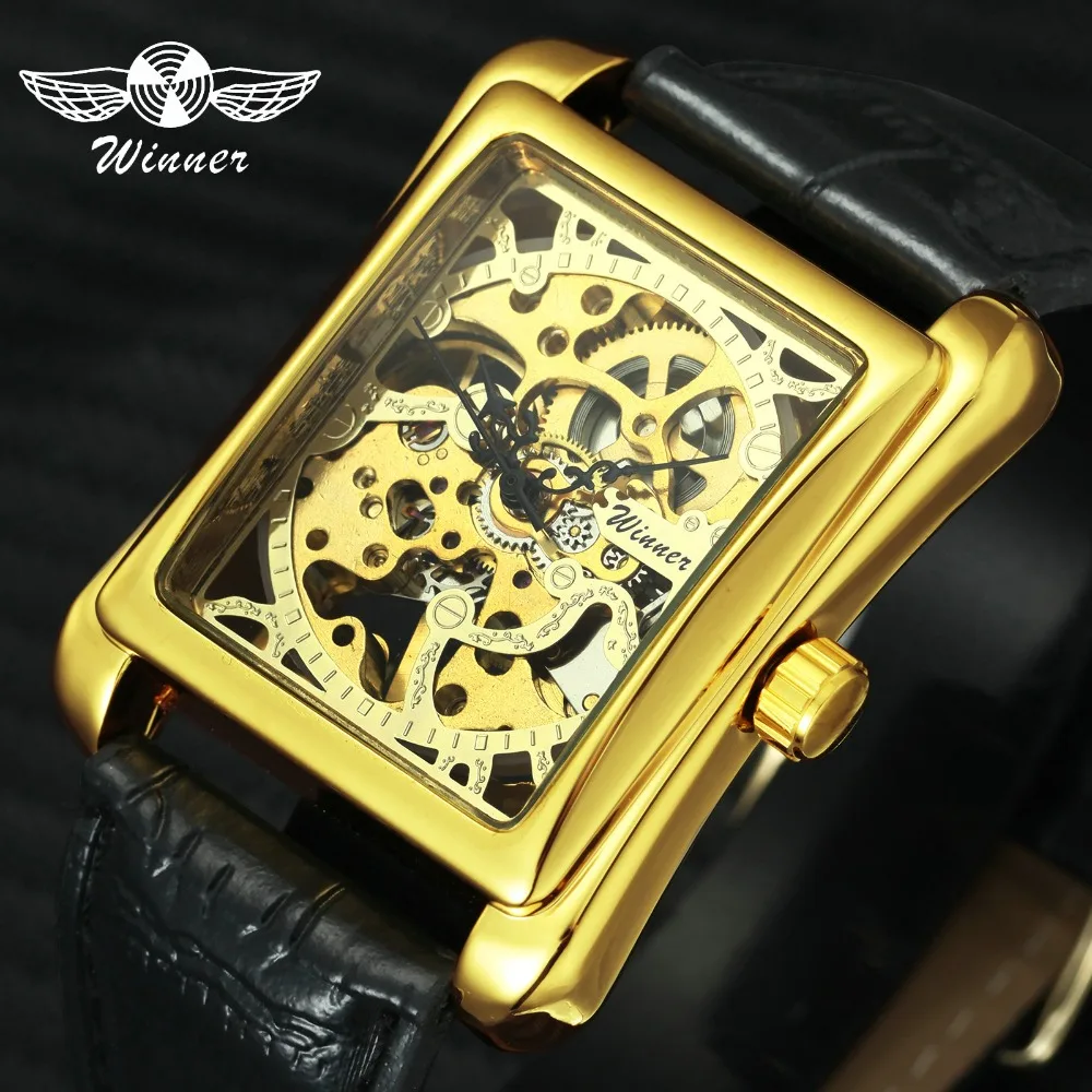 Acheter GAGNANT Rétro Dames Mécanique Montre Femmes Montres Squelette Rectangle Montres Bracelet En Cuir Cadeau + BOÎTE