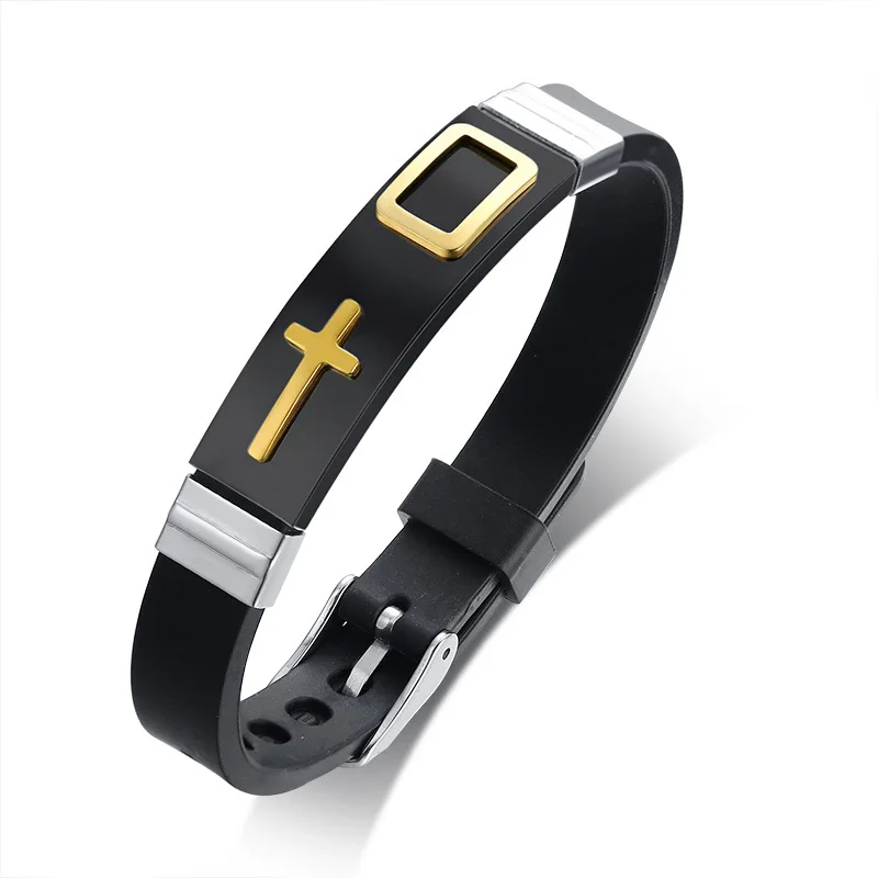 Fashion Male Cross Silicone Bracelets Silver Gold Stainless Steel Cross