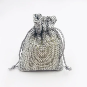 

7x9cm Gray Small Gift Packaging Bag Wedding Ring Necklace Jewelry Pouch 50pcs Line Jute Drawstring Christmas Candy Gift Bags