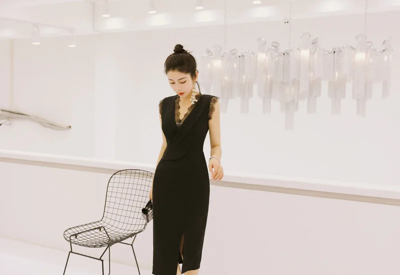 Летнее кружевное лоскутное винтажное облегающее платье, Черное женское платье без рукавов с v-образным вырезом, офисное женское сексуальное платье для вечеринки vestidos