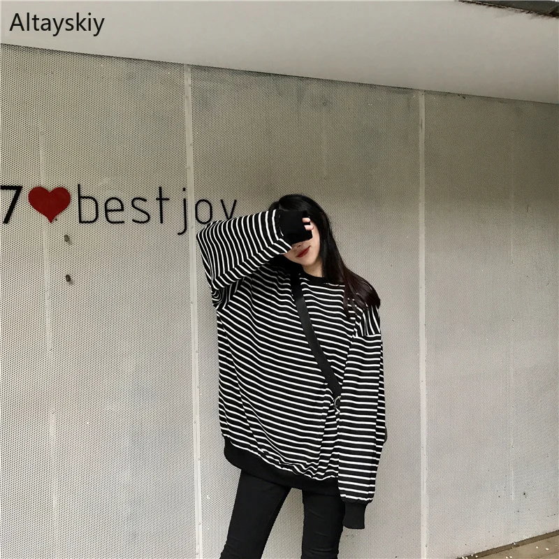 

Hoodies Women O-Neck Striped Loose Simple All-match Korean Style Retro Pullovers Womens Soft Trendy Sweatshirts Chic Classic