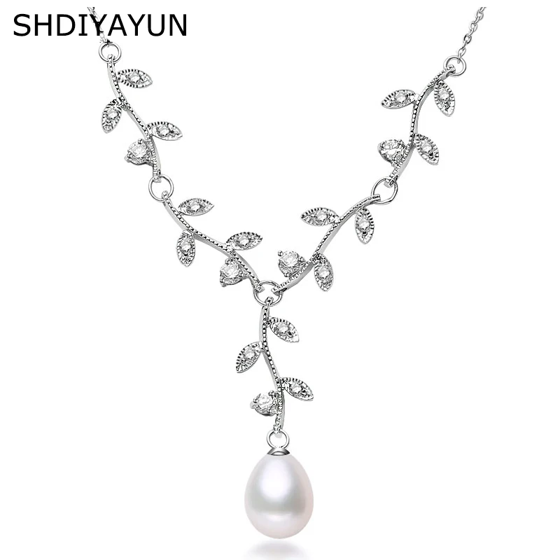 

SHDIYAYUN 2019 Pearl Necklace 925 Sterling Silver Jewelry For Women Natural Freshwater Pearl Choker Necklace Leaf Pendant Gift