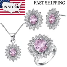 США сток Uloveido кристалл свадебные комплекты ювелирных изделий свадебное ожерелье кольцо серьги, серебристые кубического циркония цветок JewelryT514