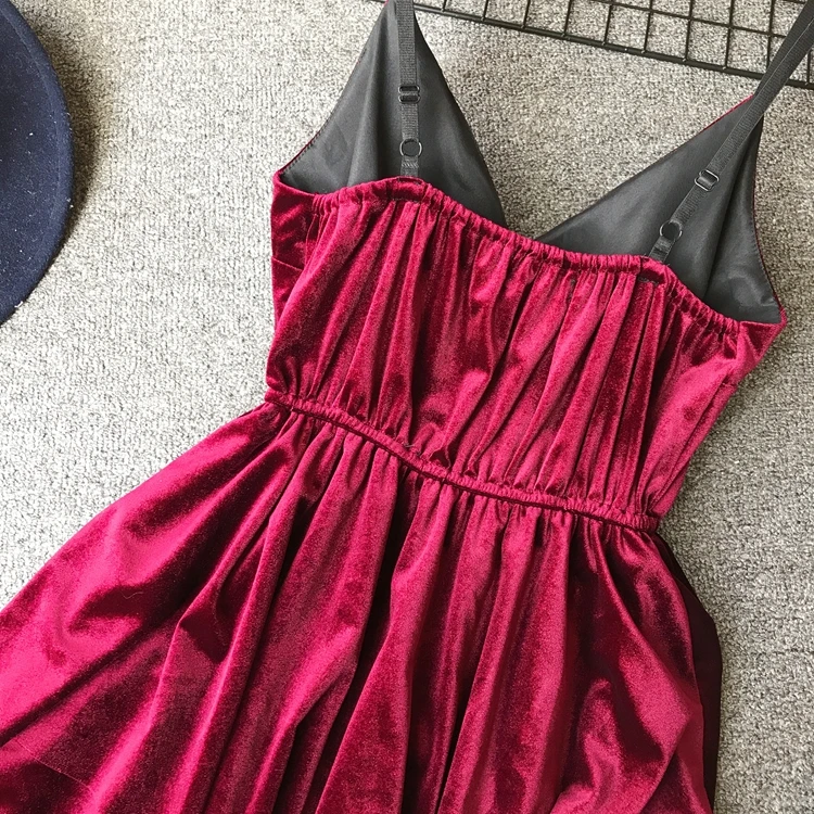 ALPHALMODA Retro Velvet Cake Dress High Waist V Collar Women Cute Vestidos De Fiesta Solid Female Medium Long Party Vestidos
