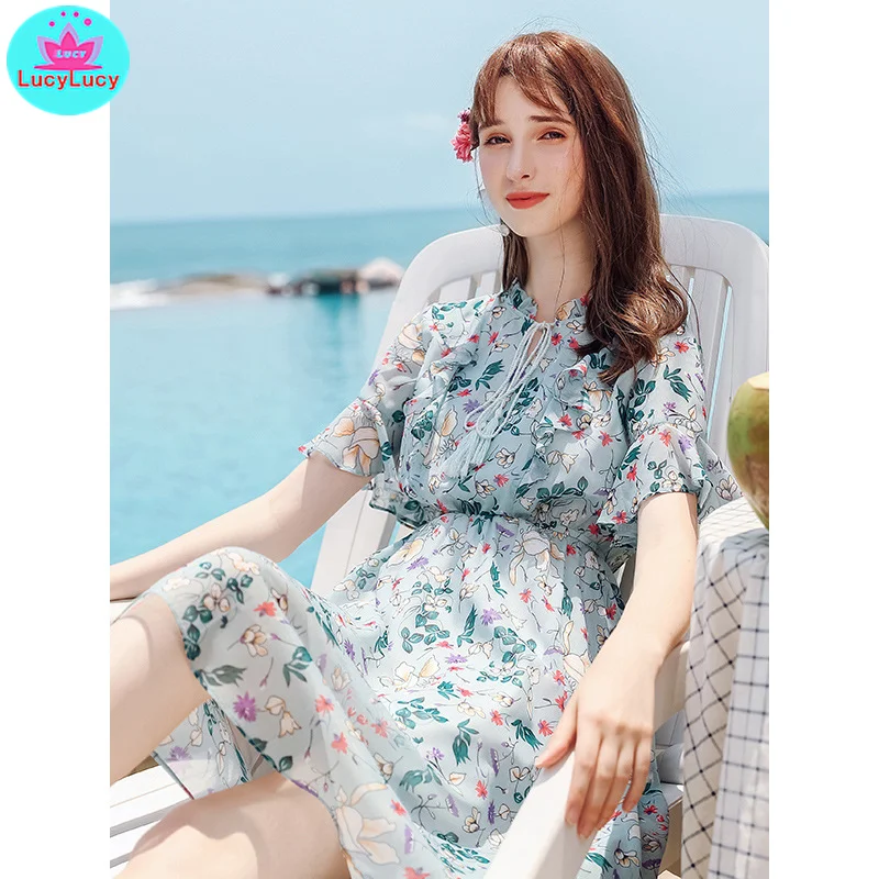 2019 summer new European and American women's   pullover print A word lady chiffon dress Knee-Length  Butterfly Sleeve