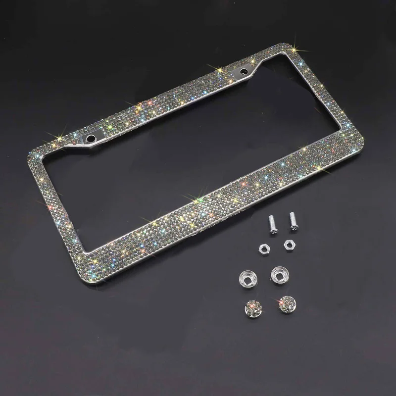 Bling Crystal License Plate Frame Women Luxury Handcrafted Rhinestone Car Frame Plate with Ignition Button For USA Canada Truck