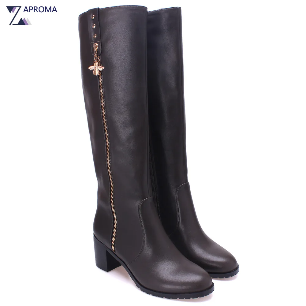 PU Short Plush Knee High Work Boots Women High Heel Gold Rivet Winter Design Side Zipper Thick
