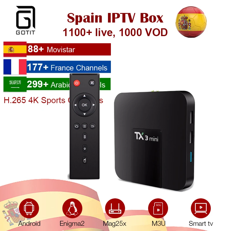 GOTiT испанский Procaja IP tv TX3 Мини Android tv Box 4K H.265 Smart tv Box с оплатой за просмотр телевидения и VOD французская телеприставка