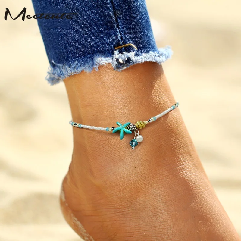 Meetcute Bohemian Small Simulated Pearl Starfish Anklet Foot Chain Bracelet On The Leg For Women Summer Beach Jewelry Meetcute Bohemian Small Simulated Pearl Starfish Anklet Foot Chain Bracelet On The Leg For Women Summer Beach Jewelry