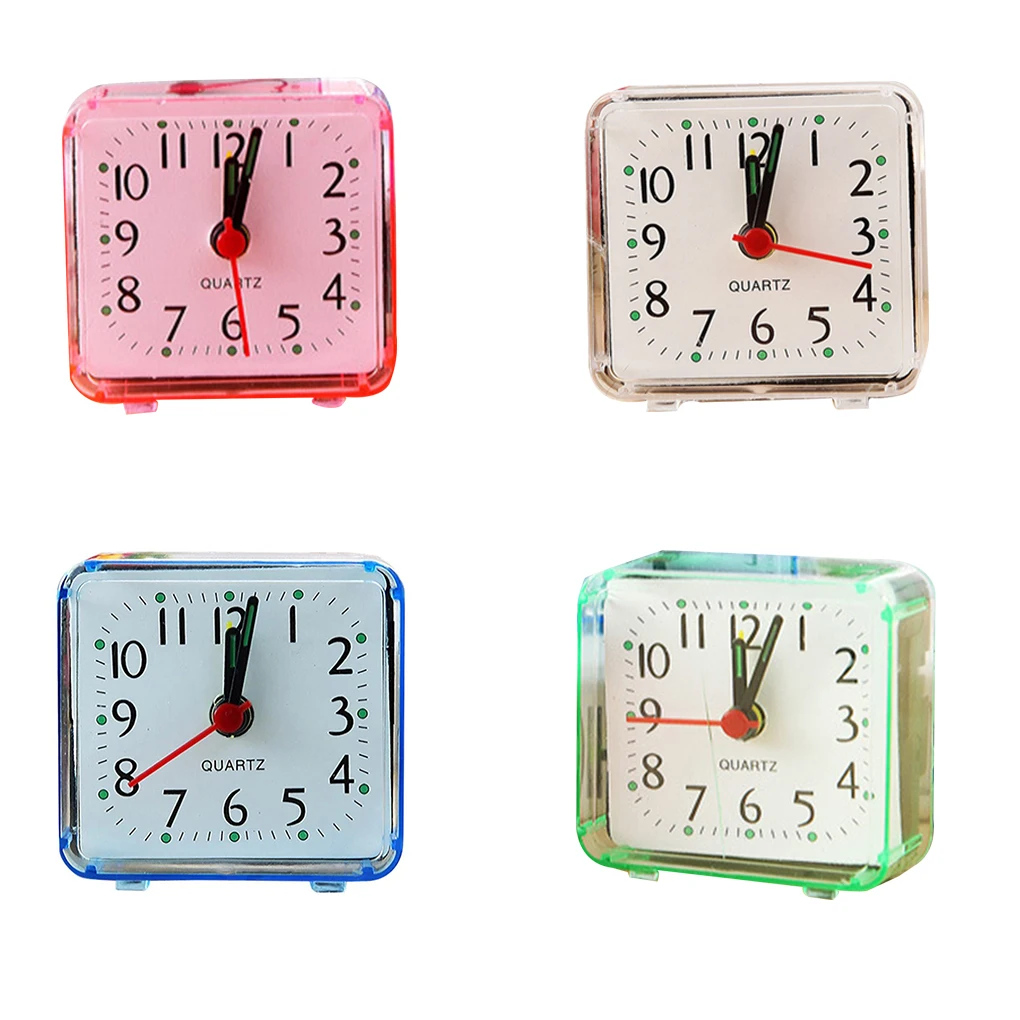 Square Small Bed Alarm Clock Transparent Case Compact Travel Clock Mini Mute Children Student Desk Watch Bedside Desk Table Home