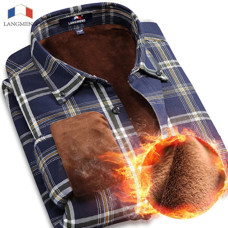 Achat Langmeng 2017 Super chaud Flanelle chemises Mâle Mince À Manches Longues Homme Casual Chemise À Carreaux Hommes Chaud robe Chemise chemise homme
