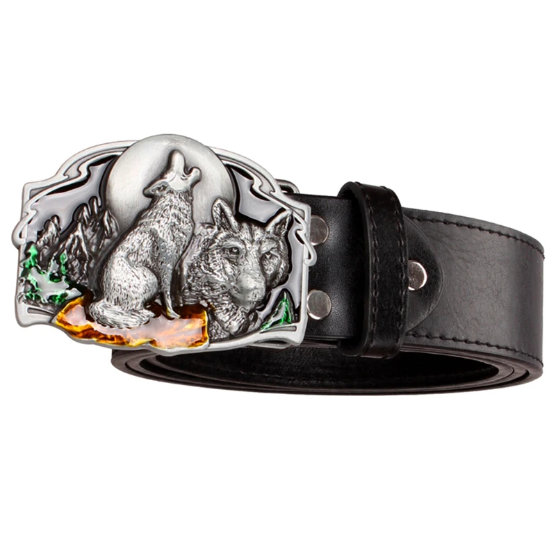 

Cool men's belt wolf buckle funky punk rock style belt wolf Totem west cowboy style wolf head belt metal buckle werewolf