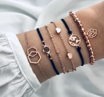 

9 Styles Boho Charms Bracelets for Women Vintage Black Rope Heart Mape Flower Strand Bracelets Set Party Jewelry Accessories