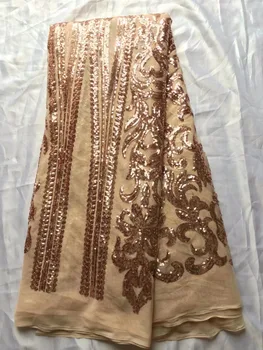 

French Net Lace Fabric 2017 Latest african guipure lace fabric with embroidery Sequins mesh tulle fabric Gold color dress ZH1118