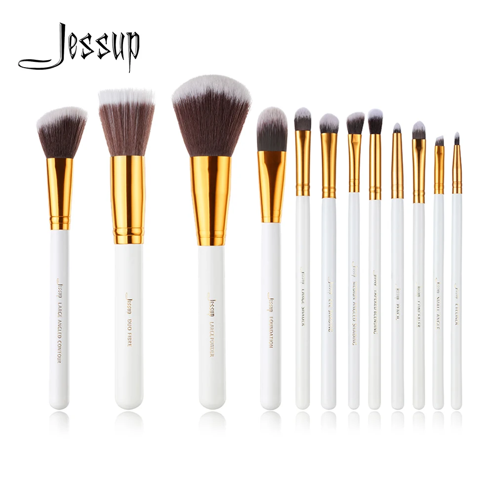 Online Jessup Marke 12 stücke Weiß Gold Berufs Make Up Pinsel set Beauty Make Up Kosmetik kit Lidschatten Stiftung rouge Werkzeuge
