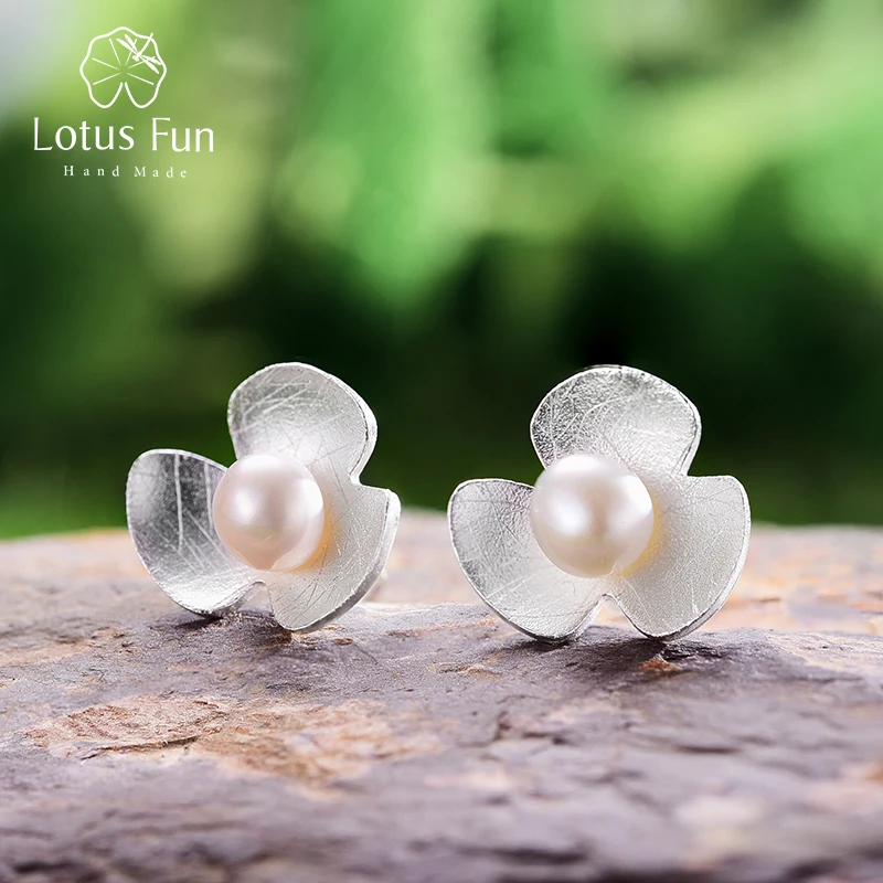 Lotus Fun 100% Real 925 Sterling Silver Earrings for Women Freshwater Pearl Flower Stud Earring silver 925 earing for girl