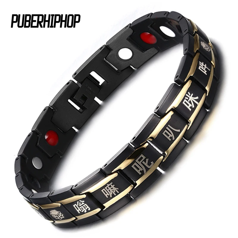 

Wholesale 22cm Religion Tibetan Buddhist Six Words Mantra Black Stainless Steel Bracelets Men Health Energy Magnetic Bracelet