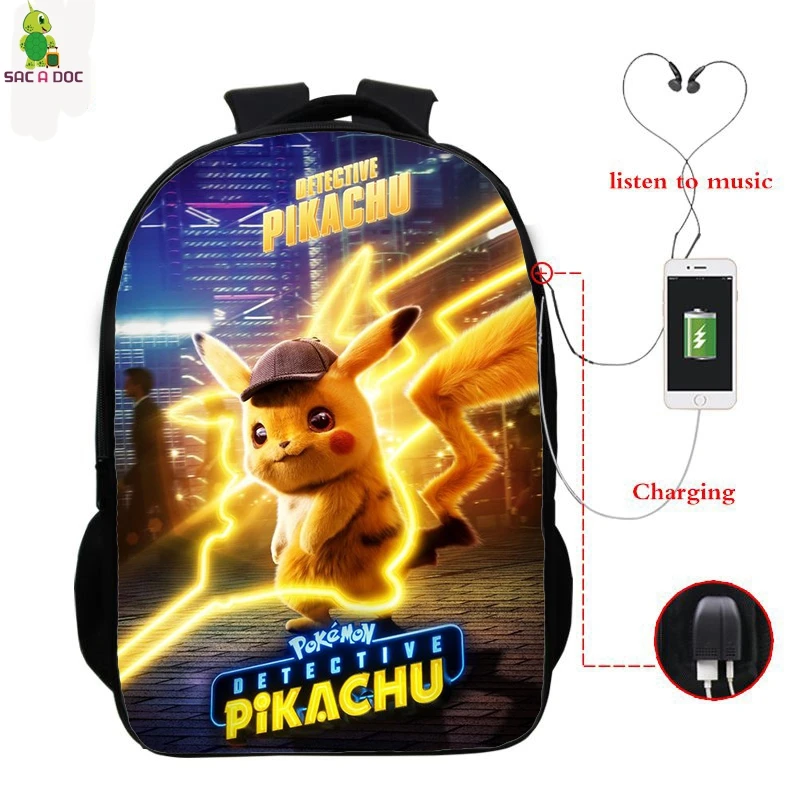 Pokemon Detective Pikachu USB Рюкзак 16 дюймов школьные рюкзаки для подростков мальчиков и девочек рюкзак Пикачу рюкзак для ноутбука