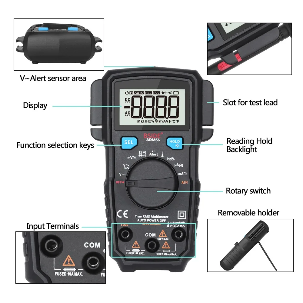 Auto Range True RMS Digital Multimeter BSIDE ADM62/66 DC/AC Ammeter Car Voltmeter Voltage Indicator Better than mastech MS8239C