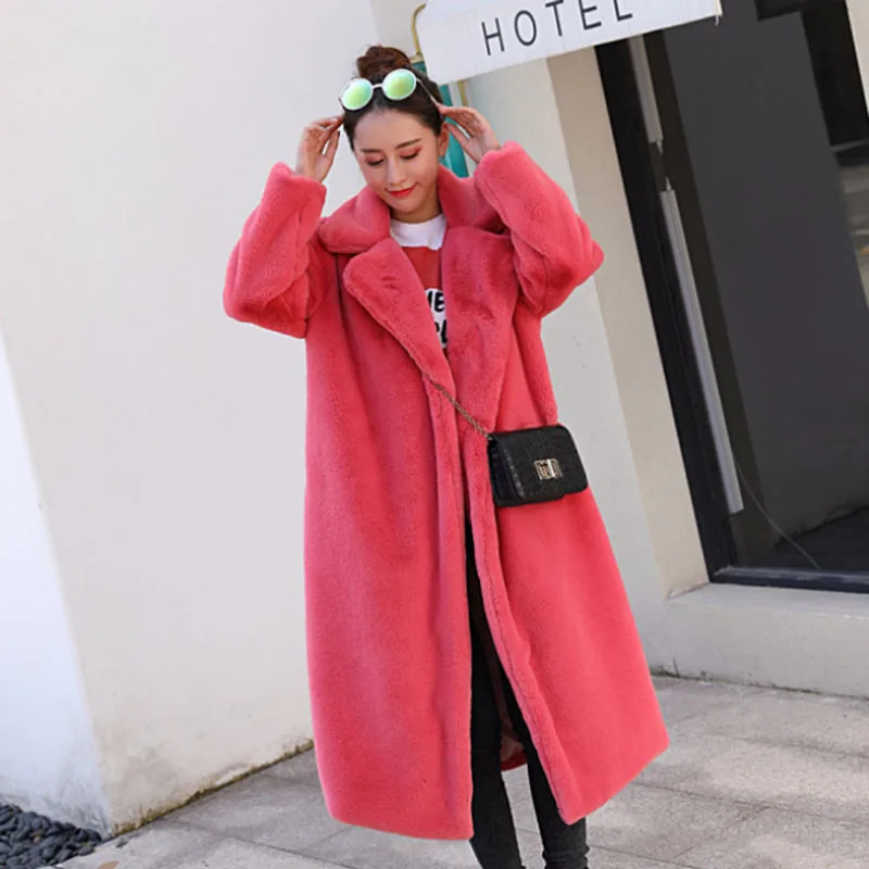 

new winter imitation rabbit fur long lapels fur coat loose warm casual temperament lady windbreaker women Candy outerwear coats