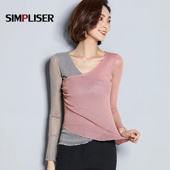 

V-neck Shirts Woman 2019 Bling Thin Blousers For Women V-neck Long Sleeve Female Blouses Plus Size 3xl Patchwork Tops Ladies