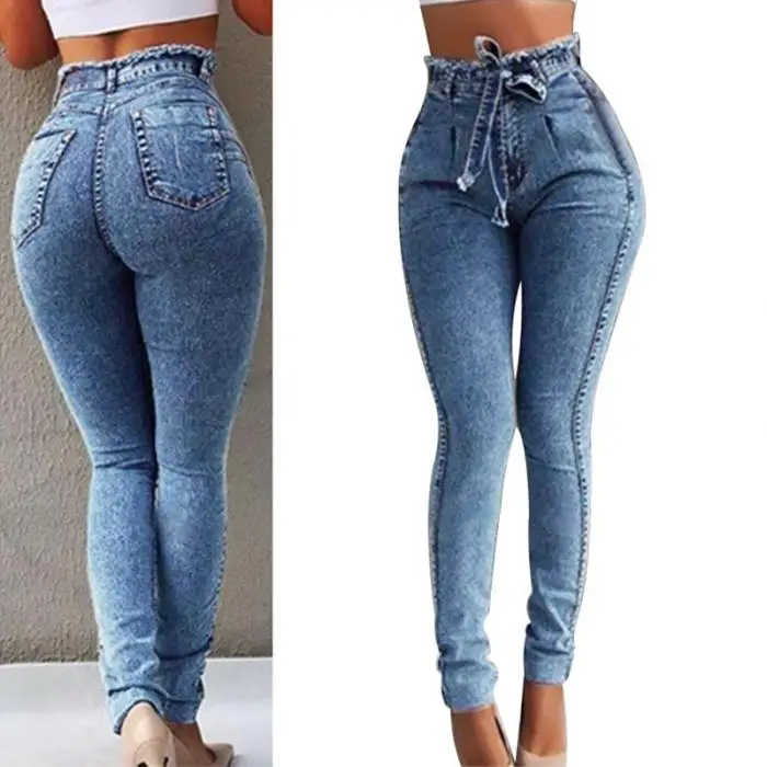 2019 горячая Распродажа женские эластичные тонкие пояс с бахромой джинсы с высокой талией повседневные модные джинсы CXZ