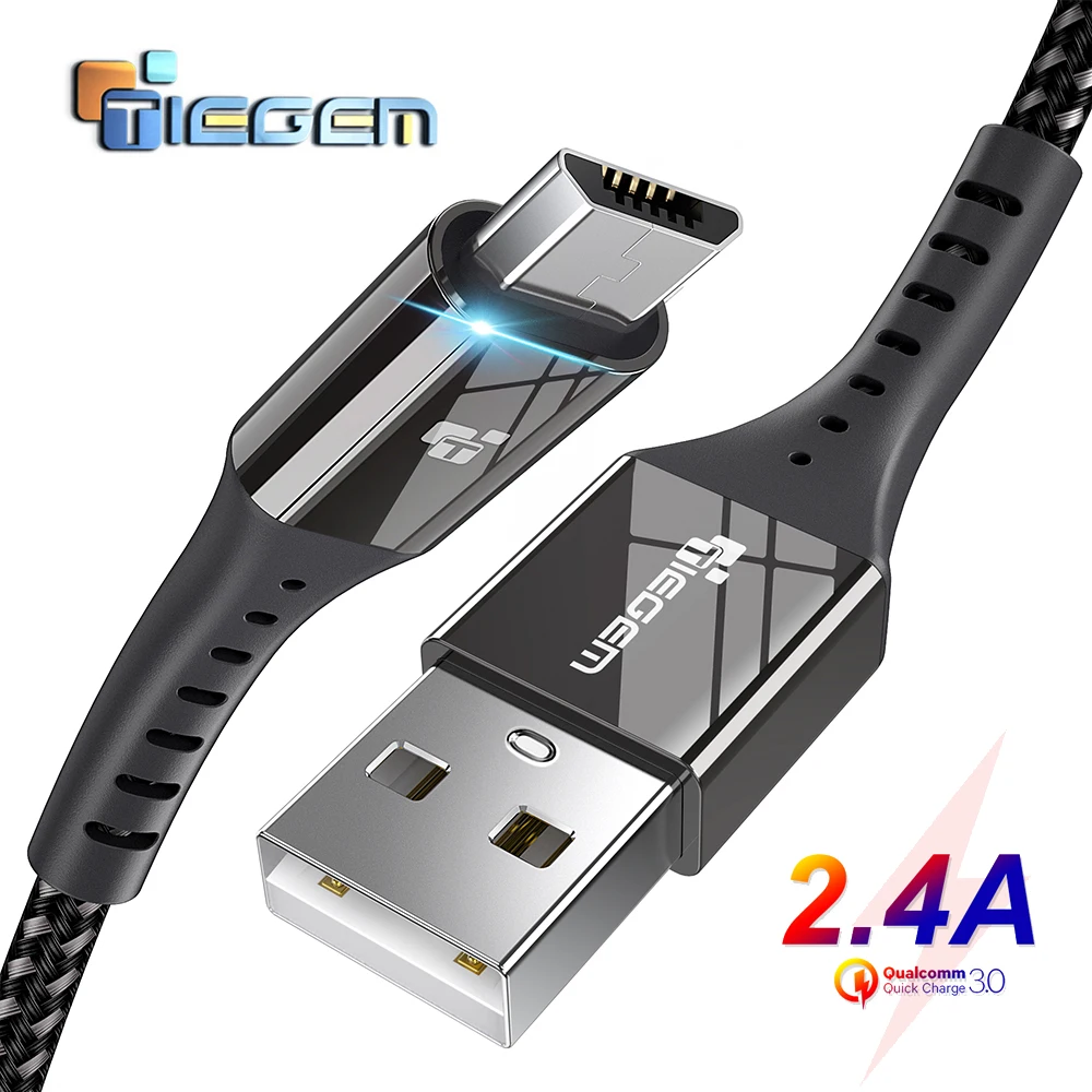 TIEGEM المصغّر USB كابل 2.4A النايلون سريع تهمة USB كابل بيانات لسامسونج Xiaomi شاحن هاتف محمول يعمل بنظام تشغيل أندرويد USB كابل شحن 1 M 2 M 3 M