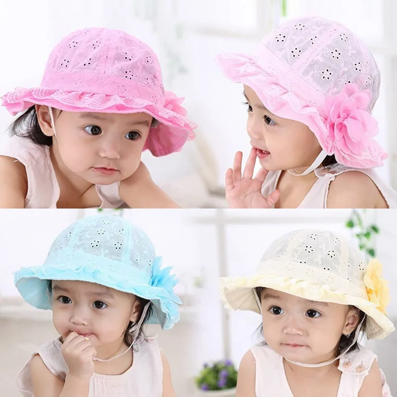Cute Baby Girls Hollow Sun Cap Solid Lace Sunscreen Summer Beach Bucket Flower Hats KS-shipping