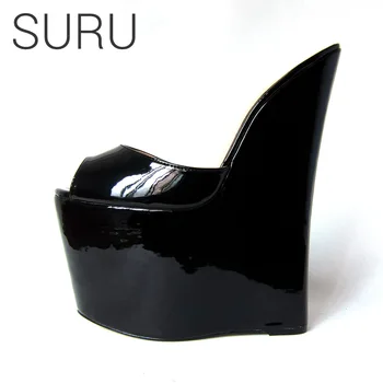 

SURU 9" / 22cm Ultra High Heels Platfrom Wedges Slippers Unisex Women Man Patent Shiny Black Larrge Size Shoes EUR Szie 45 46 44