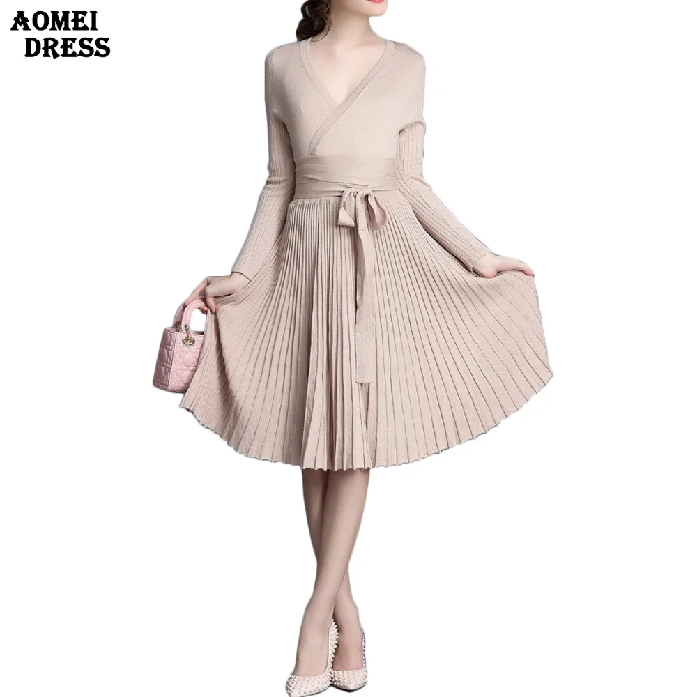 Women Spring New Long Sleeve Dress Elegant V Neck Pleat with Sashes