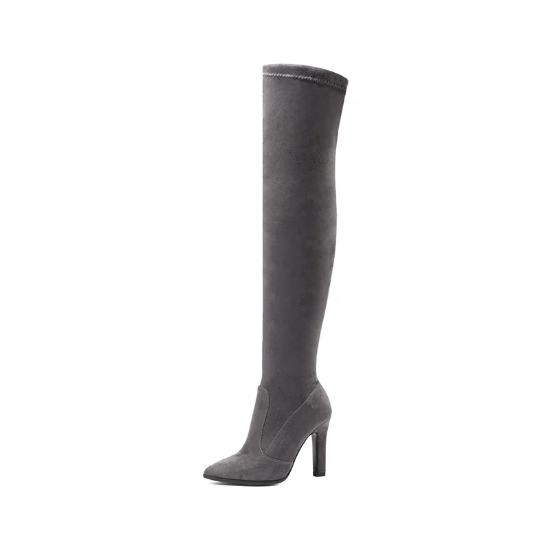 WETKISS/Большие размеры 34-43; пикантные женские эластичные сапоги до бедра; Зимние Сапоги выше колена на высоком каблуке; женская обувь из искусственной замши с острым носком - Цвет: dark gray