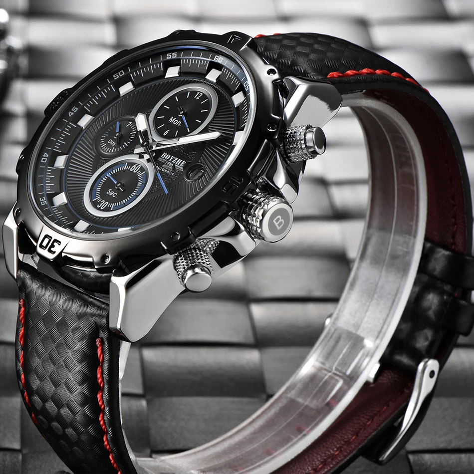 BOYZHE الرياضية الرجال الفاخرة ووتش التلقائي جلدية ماكينة ساعة الساعات الميكانيكية Montre أوم 2019 orologio automatico أومو