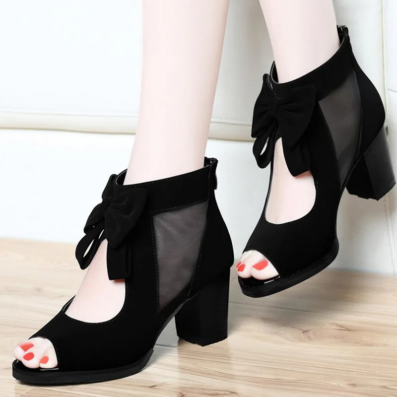 

Bow Suede Leather Sandals Women shoes Cool female new fish mouth hollow sexy back with zipper high-heeled fashion sandal