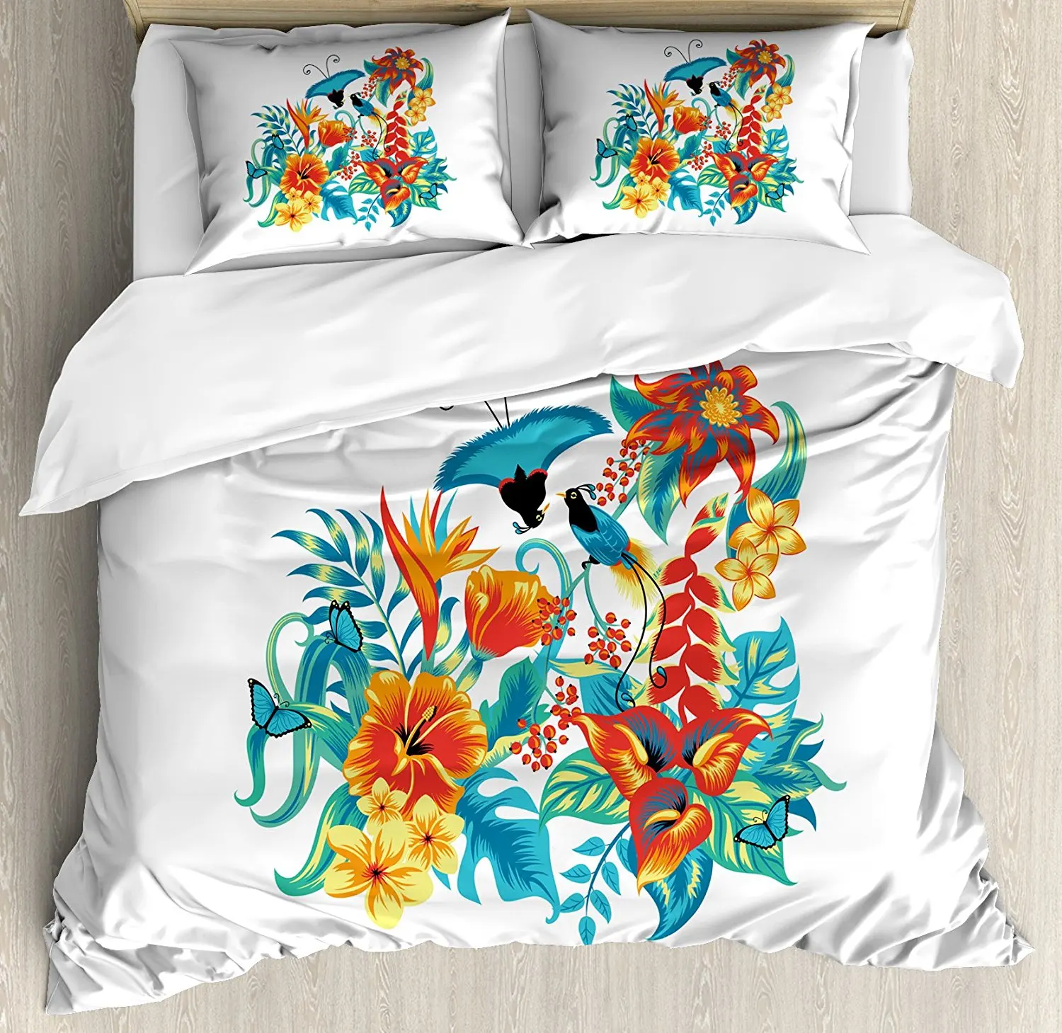 Flowers Duvet Cover Set Tropical Exotic Jungle Foliage with Birds Hawaiian Island Flowers Retro