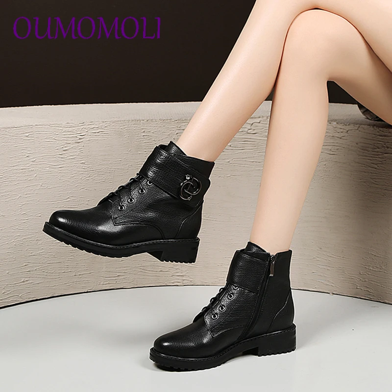 

2019 New Zip Wide High Heel 3.5cm Belt Buckle Platform Shoes Woman Cow Leather Fashion Winter Black Ankle Boots Big Size 35-40