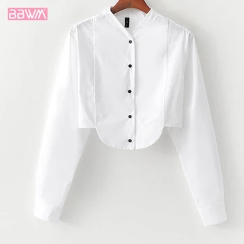 

White Short Long Sleeve Women's Shirt with Navel Single-breasted V-neck Sexy Female Top 2019 Summer Simple Slim Fit Irregular