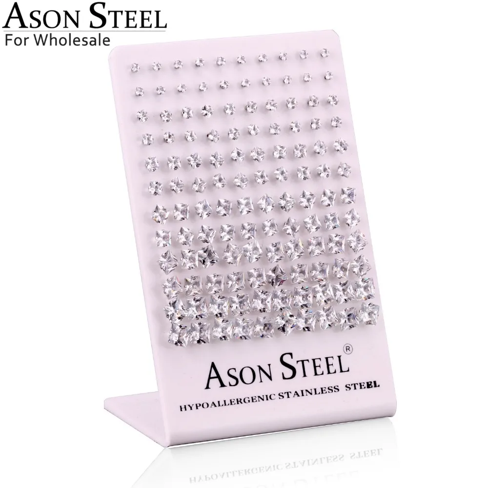 Асон сталь 60 пар/лот 3-8 мм квадратный кубический цирконий нержавеющая сталь гипоаллергенные серьги золото/серебро/розовое золото/черный