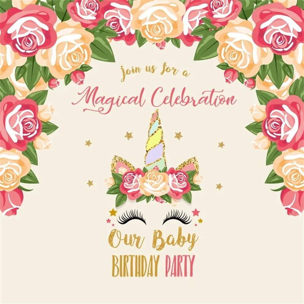 

Laeacco Baby Birthday Unicorn Party Flower Celebration Photographic Background Customized Photography Backdrops For Photo Studio