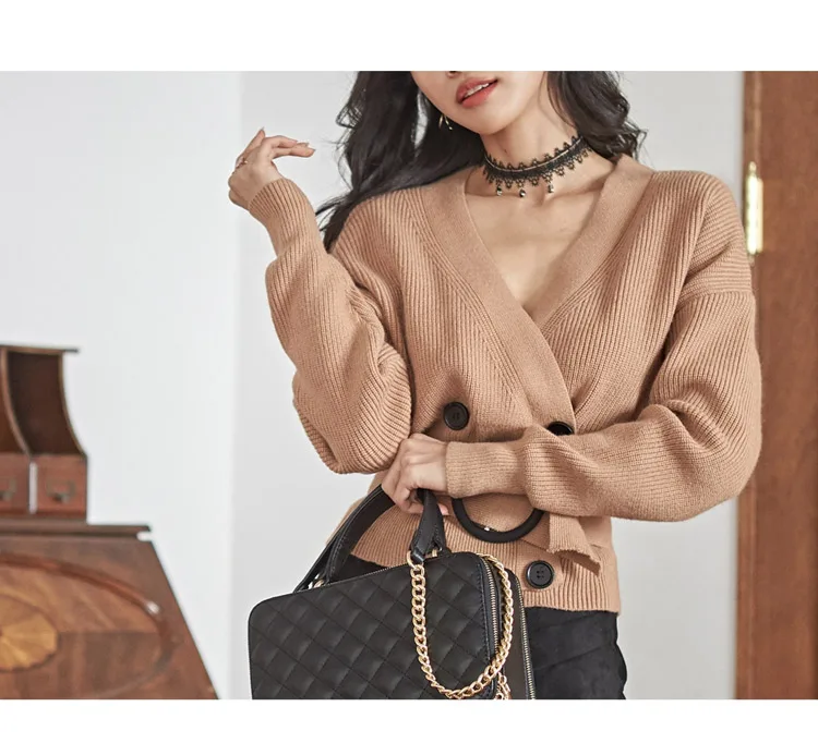 incredible  2019 Autumn And Winter Women Cardigans Sweater V neck Solid Loose Knitwear Double-breasted Casual K