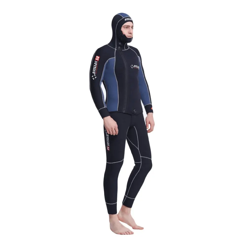 

1 Set 5MM Neoprene Scuba Cloth Double Men Warm Wetsuit With Hood Zipper Professional Split Spearfishing Wet Suit glossy