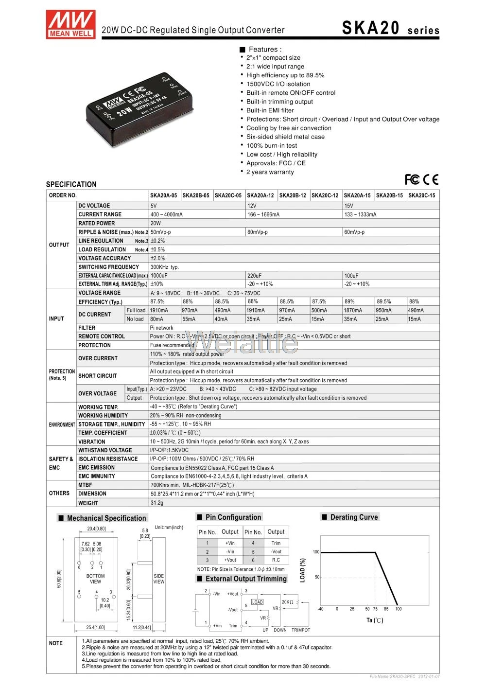 Meanwell Mean Well Original 5 v 4000ma Ska20 20 w Dc-dc Regulamentado Conversor Única Saída Ska20a-05 2 Cheap Inversores e Conversores