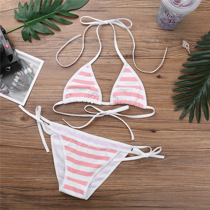 Cute Kawaii Japanese Anime Style Stripe Lingerie Bra Set String Tie Cosplay Lolita Underwear Bikini Bra and Panty Set Panties matching bra and panties