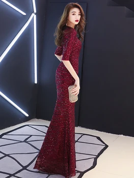 

Sexy Slim Sequins Cheongsam Exquisite O-neck Mermaid Evening Party Dress Elegant Floor Long Dress Vestidos De Festa Size 2xl