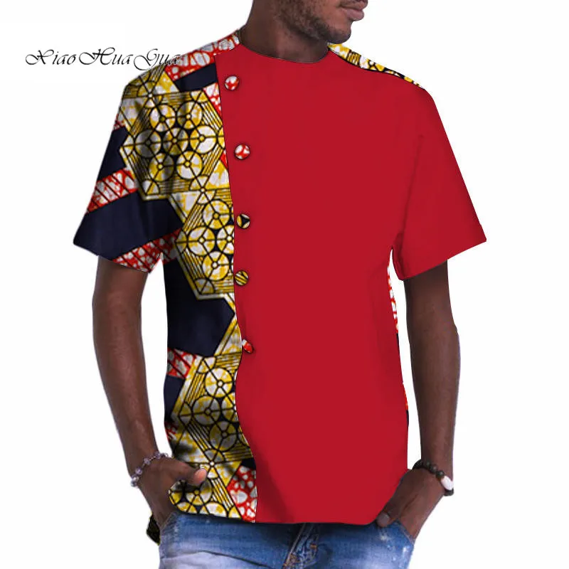 Bazin Riche африканская мужская одежда хлопок печать Лоскутная Кнопка Топ тройники африканская одежда Дашики Мужская Топ Футболка WYN535 - Цвет: 2