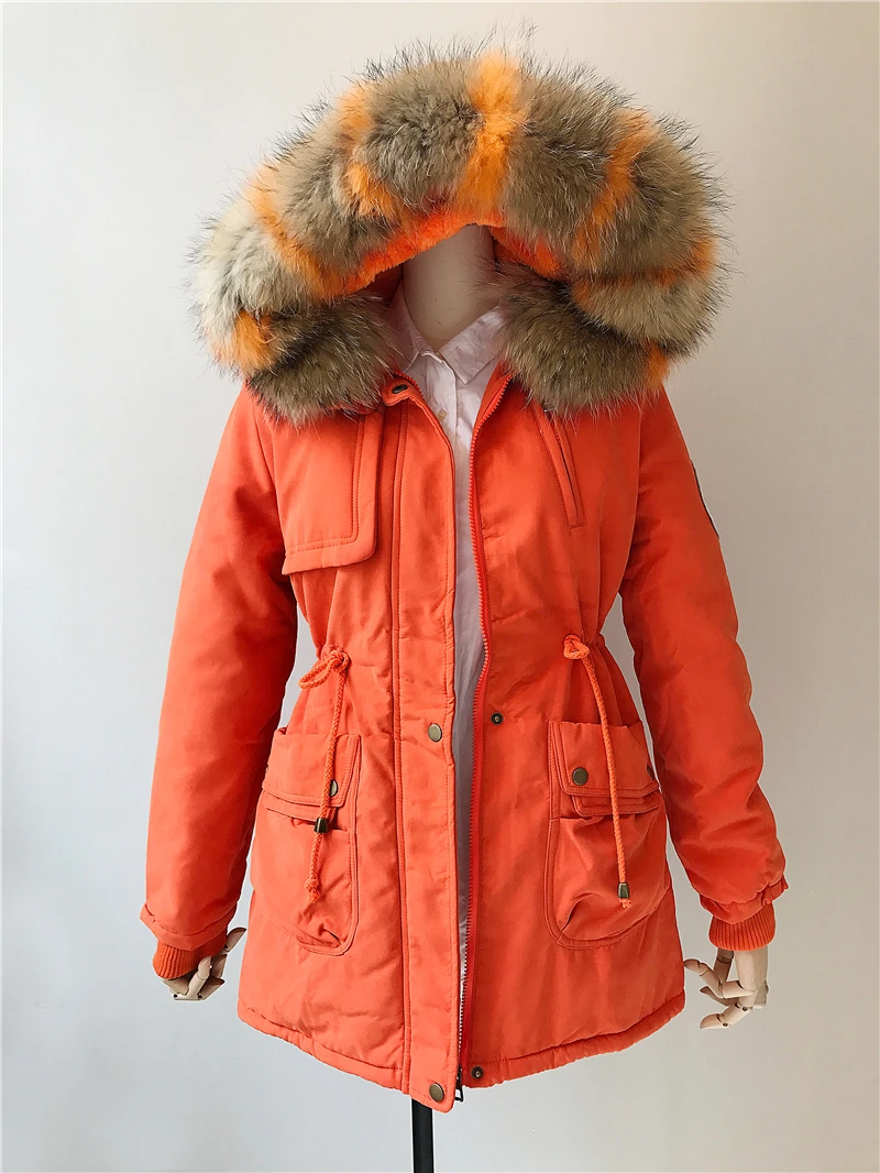 Новинка года, зимняя куртка для женщин, пальто с натуральным меховым воротником, женская верхняя одежда, повседневная тонкая оранжевая хлопковая стеганая Женская модная теплая куртка L252